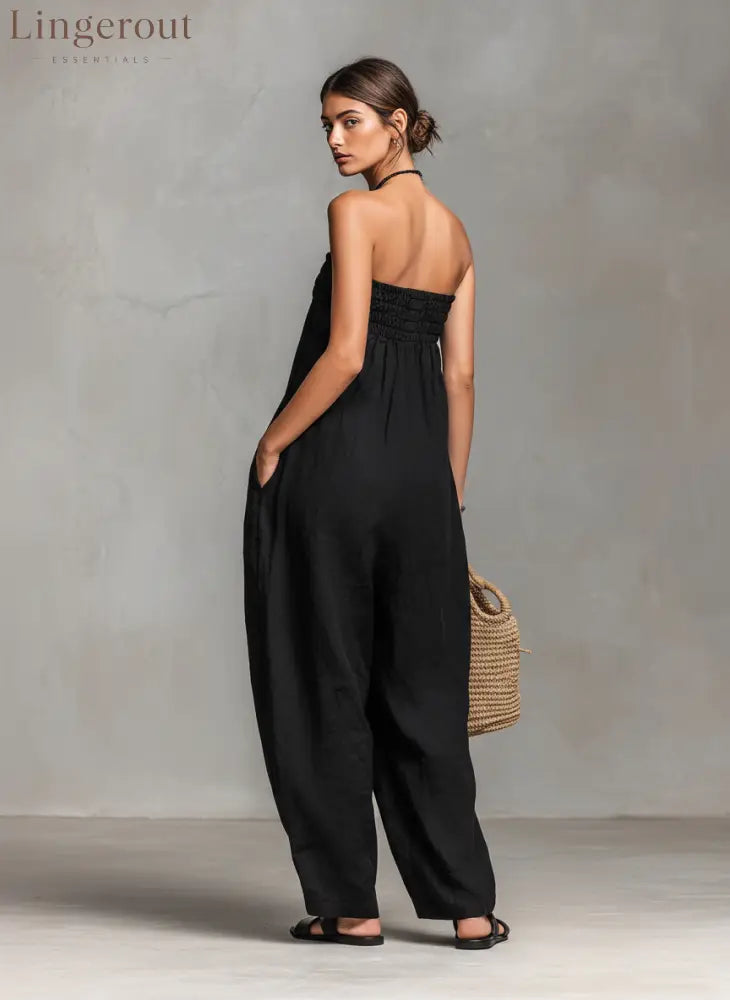 Women’s Minimalist Loose-fitting Linen Blend Strapless Jumpsuit With Tie Closure