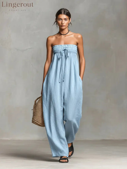 Women’s Minimalist Loose-fitting Linen Blend Strapless Jumpsuit With Tie Closure - Light Blue / XS