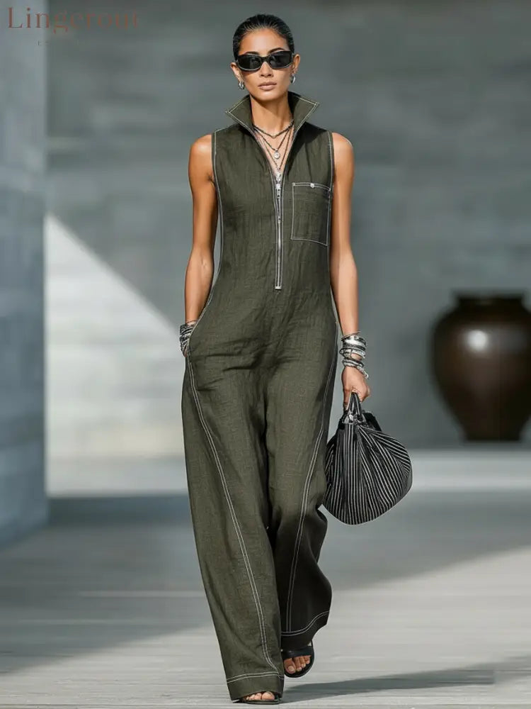 Women’s Minimalist Loose-fitting White Trim Sleeveless Jumpsuit - Army Green / XS