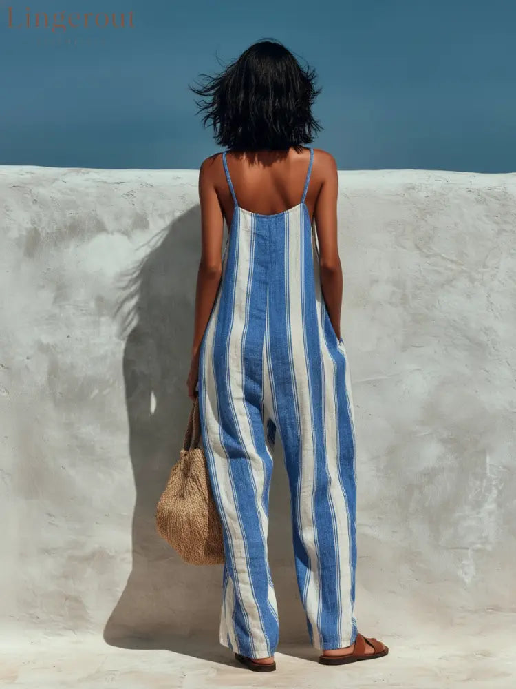 Women’s Minimalist Vacation-style Striped Printed Suspender Jumpsuit