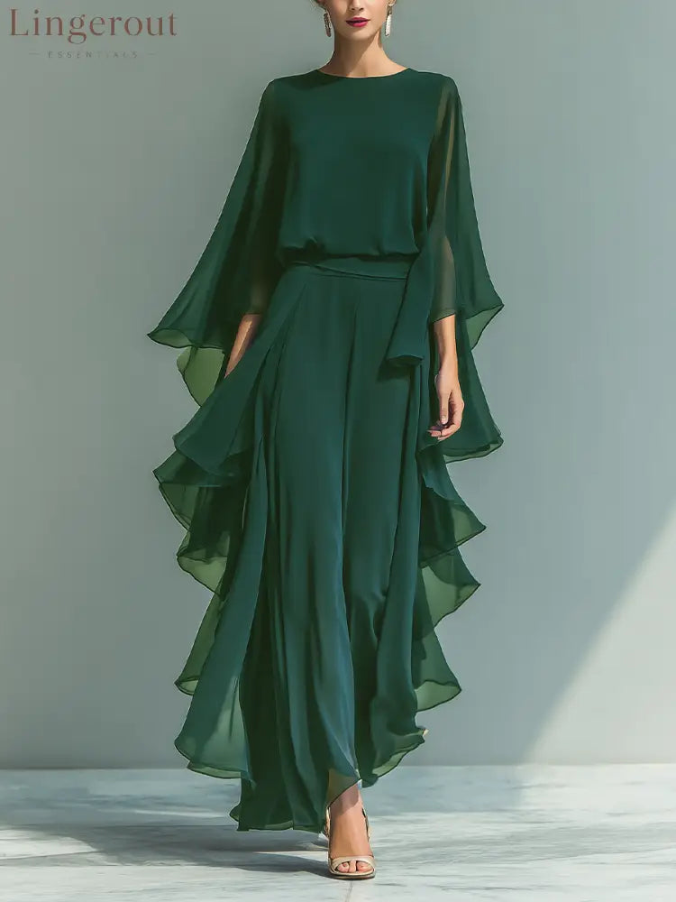 Women’s Navy Blue Chiffon Top With Flared Sleeves And Straight-leg Trousers Set With Ruffled Details - Green / S