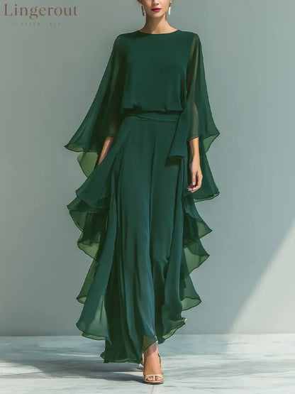 Women’s Navy Blue Chiffon Top With Flared Sleeves And Straight-leg Trousers Set With Ruffled Details - Green / S
