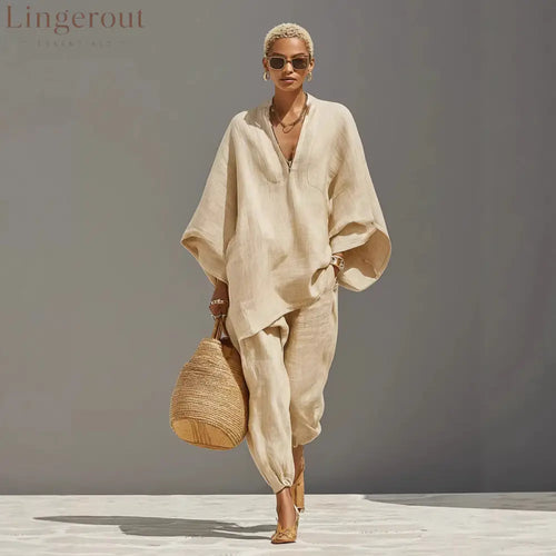 Women’s Neutral Linen Set With Asymmetric Hem & Minimalist Design Sophisticated Daily-Casual Style Set - Apricot / XS
