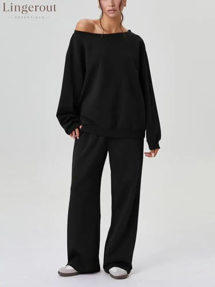 Women’s Off-Shoulder Long Sleeve Top & Wide-Leg Pants Set - Black / S
