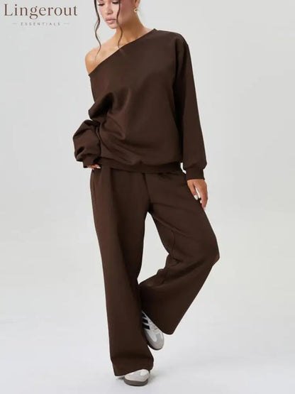 Women’s Off-Shoulder Long Sleeve Top & Wide-Leg Pants Set - Brown / S