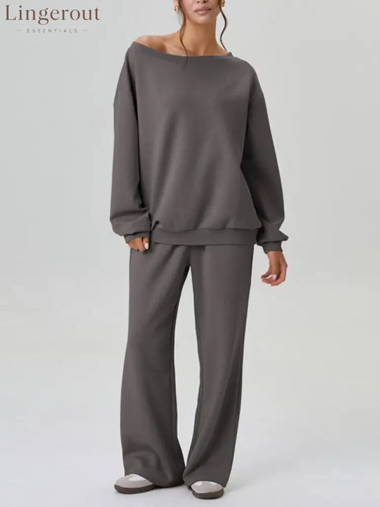 Women’s Off-Shoulder Long Sleeve Top & Wide-Leg Pants Set - Dark gray / S