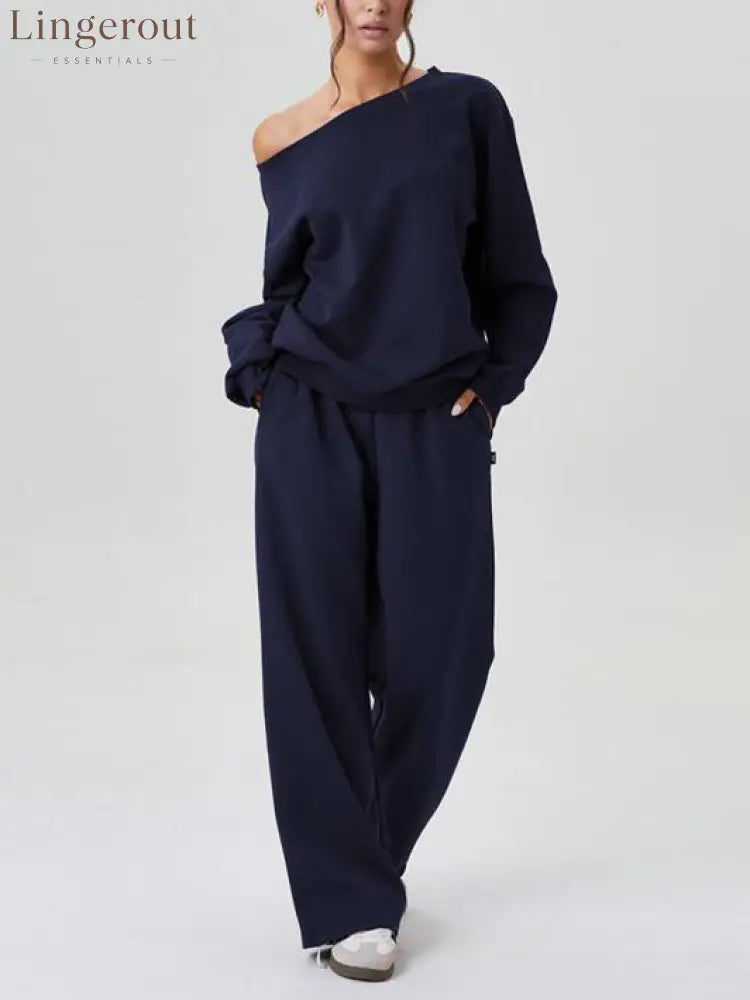 Women’s Off-Shoulder Long Sleeve Top & Wide-Leg Pants Set - Navy / S