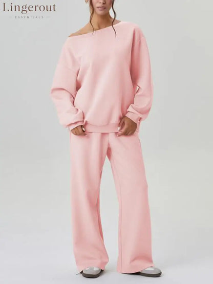 Women’s Off-Shoulder Long Sleeve Top & Wide-Leg Pants Set - Pink / S
