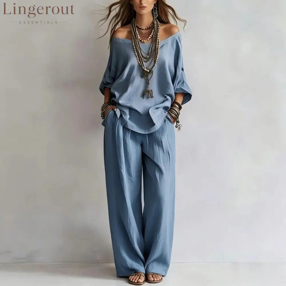 Women’S One-Shoulder Loose Top Wide-Leg Pants Cross-Border Two-Piece Set