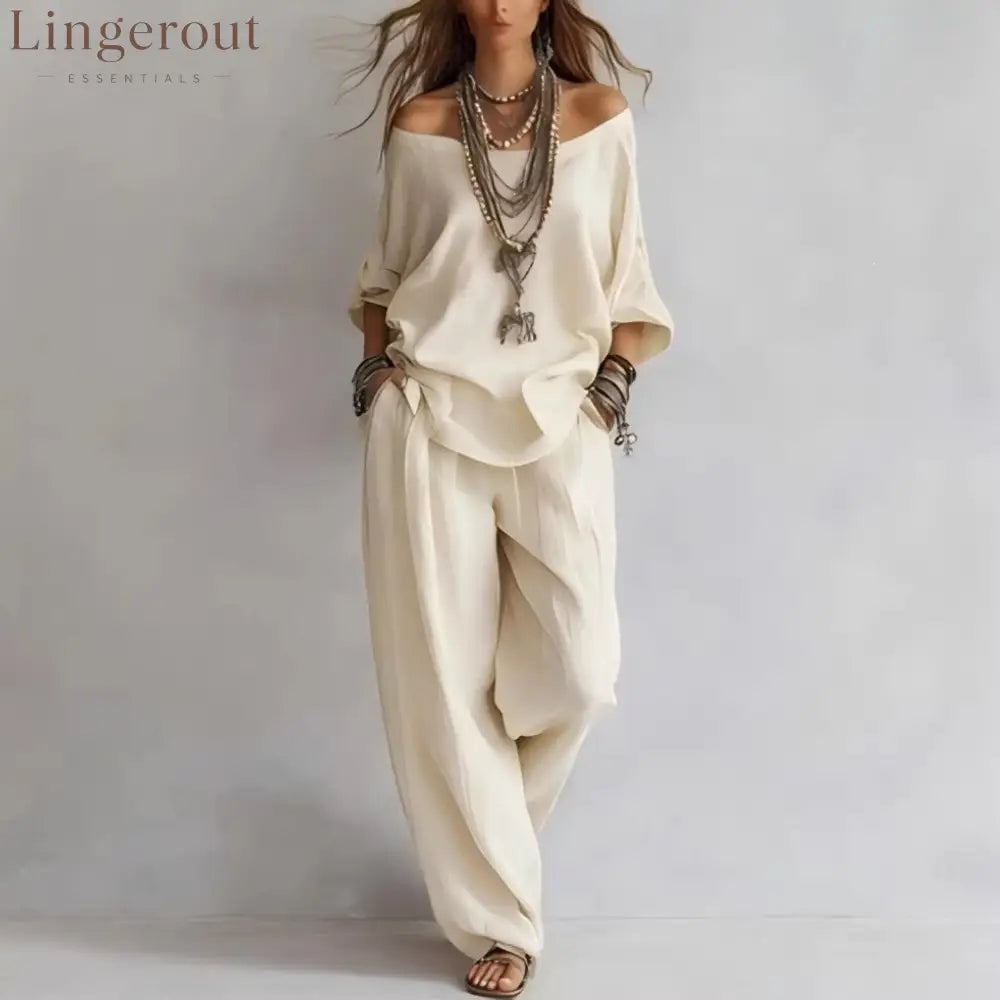 Women’S One-Shoulder Loose Top Wide-Leg Pants Cross-Border Two-Piece Set