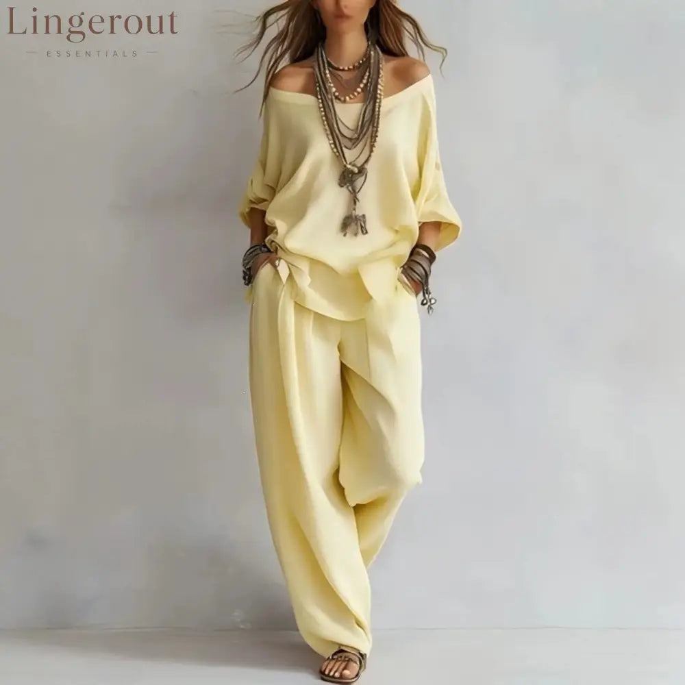 Women’S One-Shoulder Loose Top Wide-Leg Pants Cross-Border Two-Piece Set