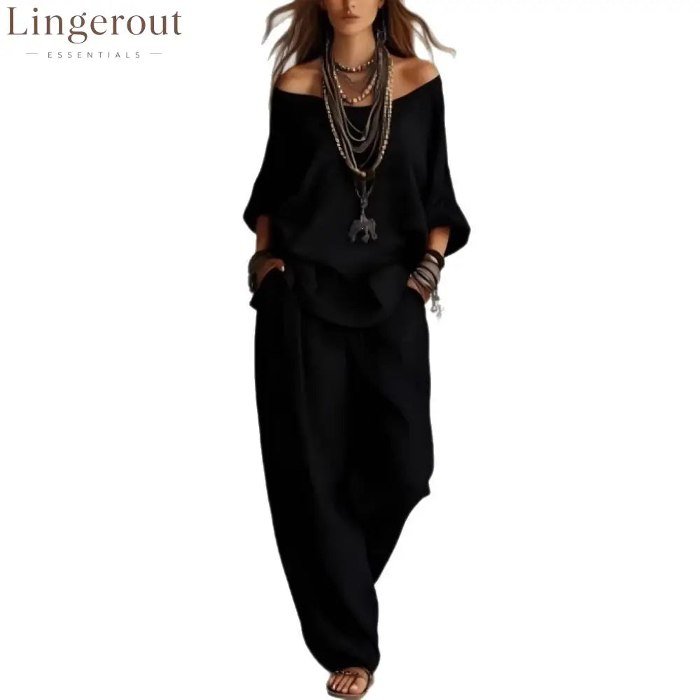 Women’S One-Shoulder Loose Top Wide-Leg Pants Cross-Border Two-Piece Set