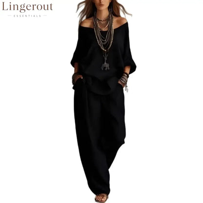 Women’S One-Shoulder Loose Top Wide-Leg Pants Cross-Border Two-Piece Set
