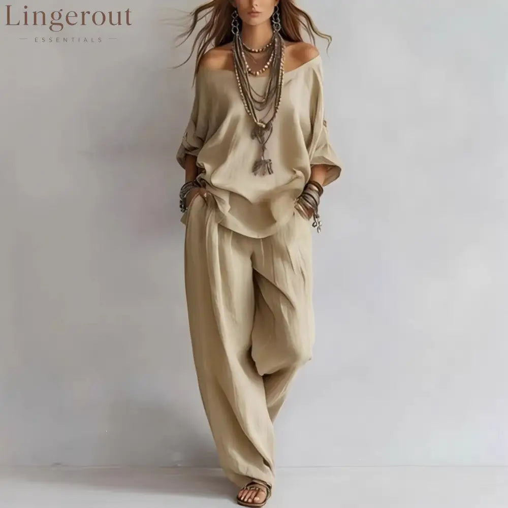 Women’S One-Shoulder Loose Top Wide-Leg Pants Cross-Border Two-Piece Set