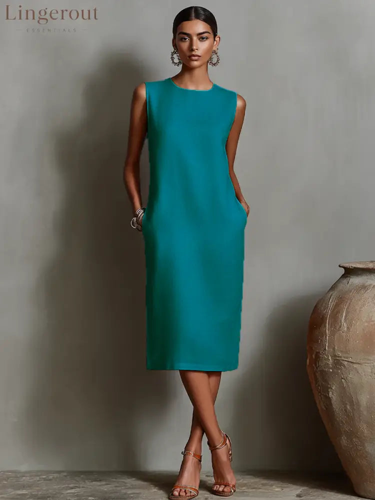 Women’s Orange Linen Shift Dress With Sleeveless Round Neck & Side Pockets Timeless Minimalist-Elegant Style Dress
