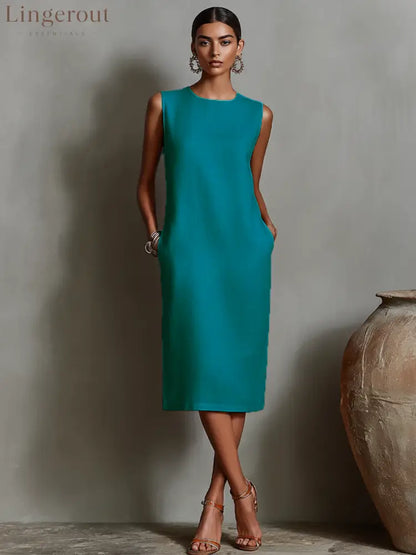 Women’s Orange Linen Shift Dress With Sleeveless Round Neck & Side Pockets Timeless Minimalist-Elegant Style Dress