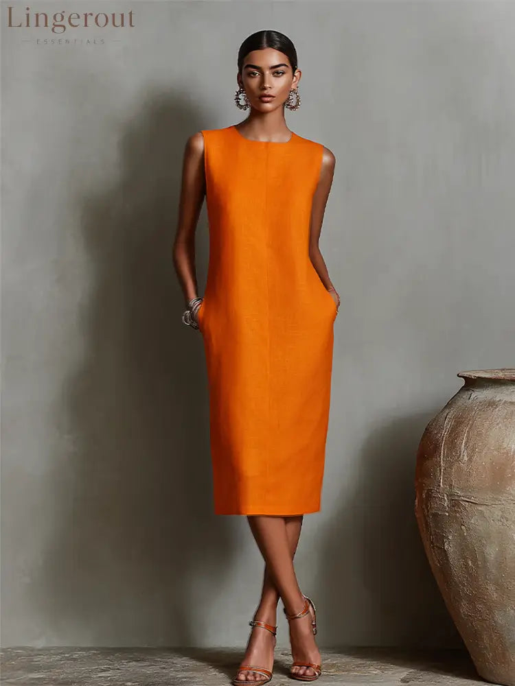 Women’s Orange Linen Shift Dress With Sleeveless Round Neck & Side Pockets Timeless Minimalist-Elegant Style Dress
