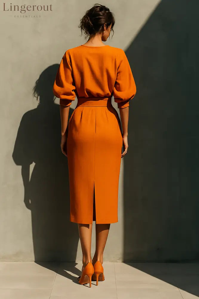 Women’s Orange Mid-sleeve Top And Midi Skirt Set