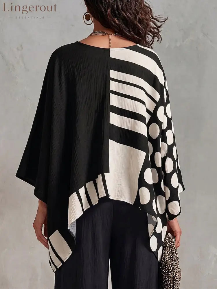 Women’s Polka Dot & Geometric Print V-neck 3/4-sleeve Casual Loose Cotton-linen Top