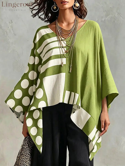 Women’s Polka Dot & Geometric Print V-neck 3/4-sleeve Casual Loose Cotton-linen Top - Green / S