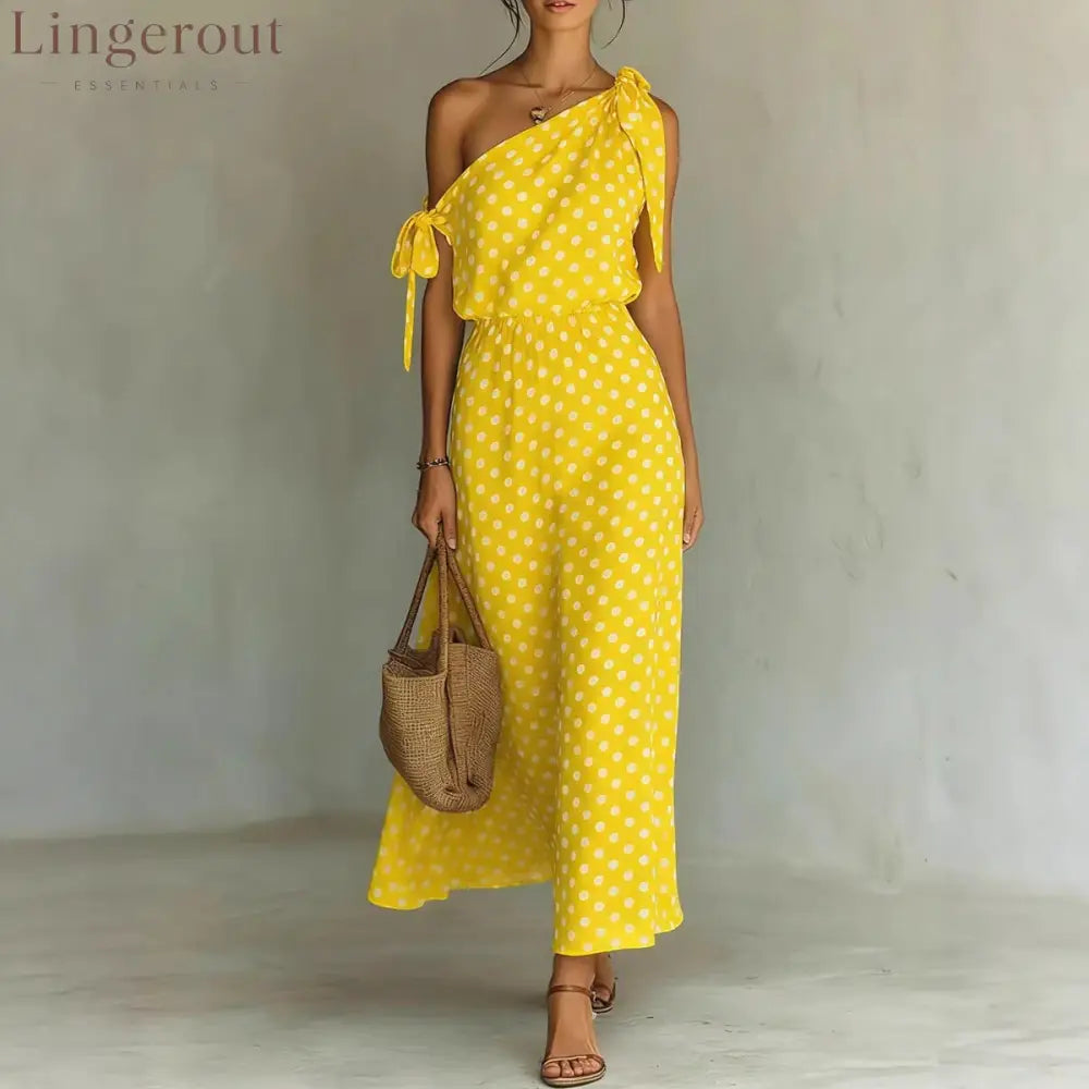 Women’s Polka Dot One-Shoulder Maxi Dress