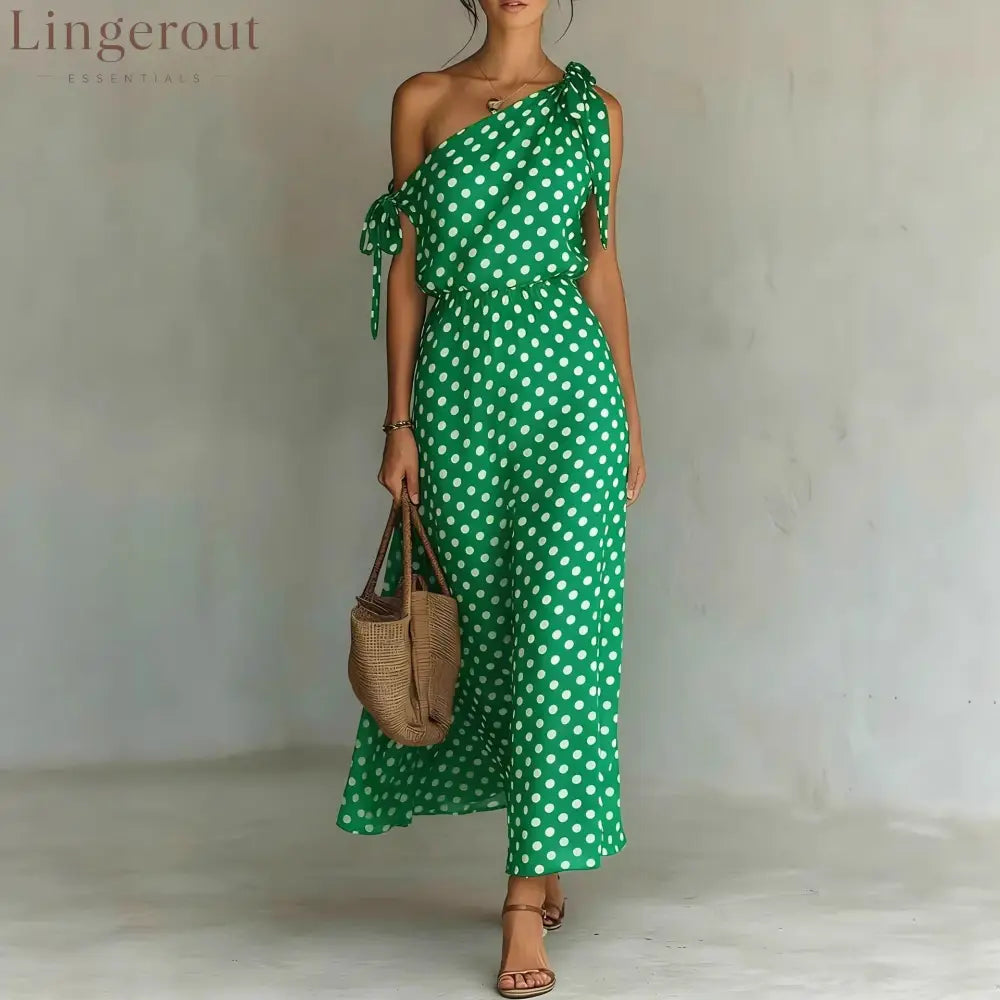 Women’s Polka Dot One-Shoulder Maxi Dress