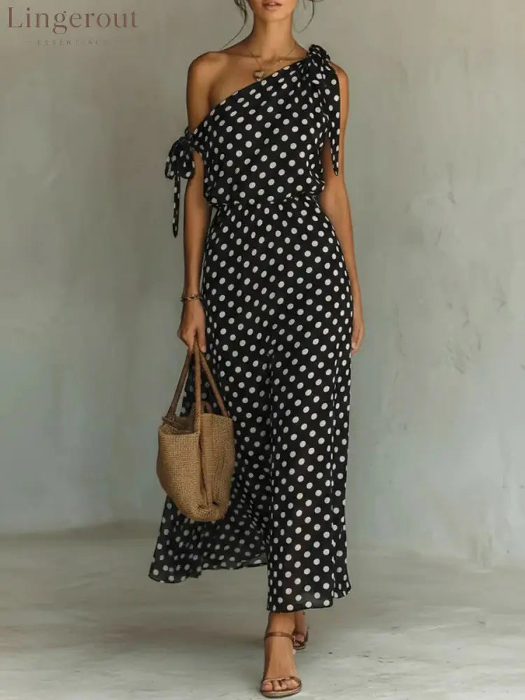 Women’s Polka Dot One-Shoulder Maxi Dress - Black / S