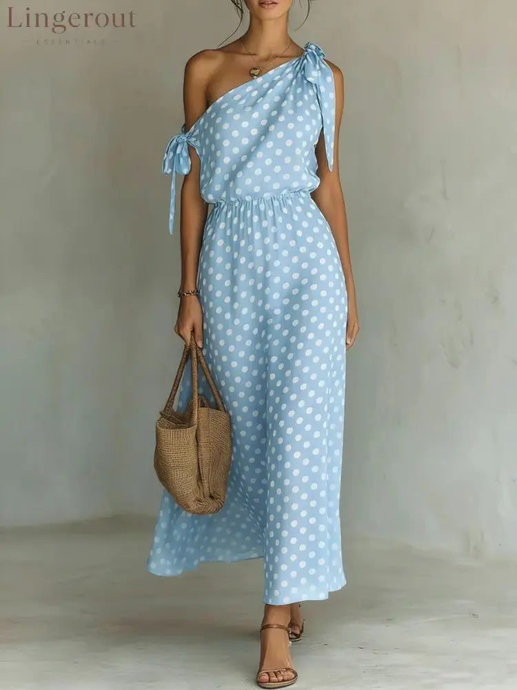 Women’s Polka Dot One-Shoulder Maxi Dress - Blue / S