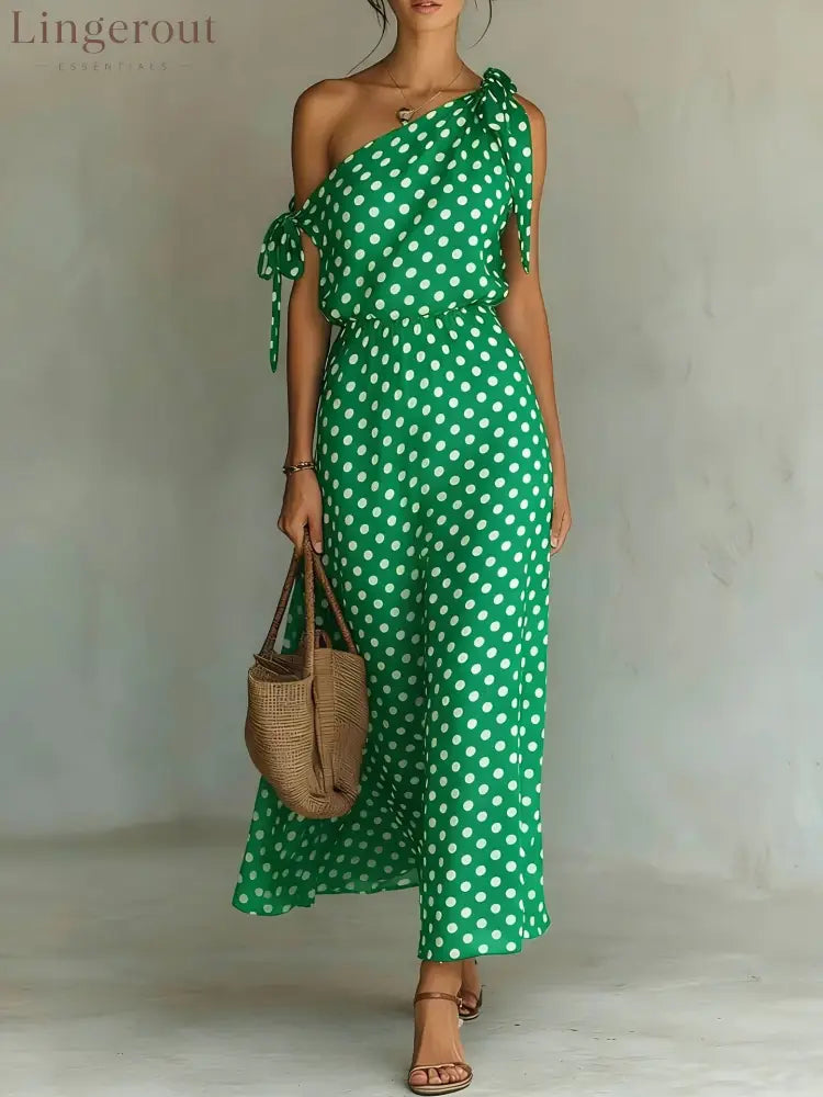 Women’s Polka Dot One-Shoulder Maxi Dress - Green / S