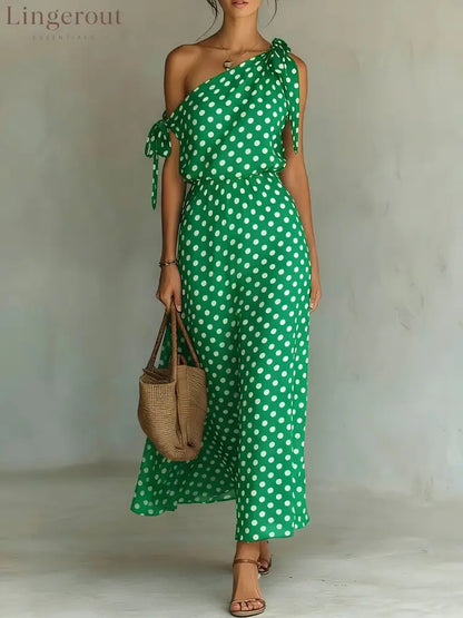 Women’s Polka Dot One-Shoulder Maxi Dress - Green / S