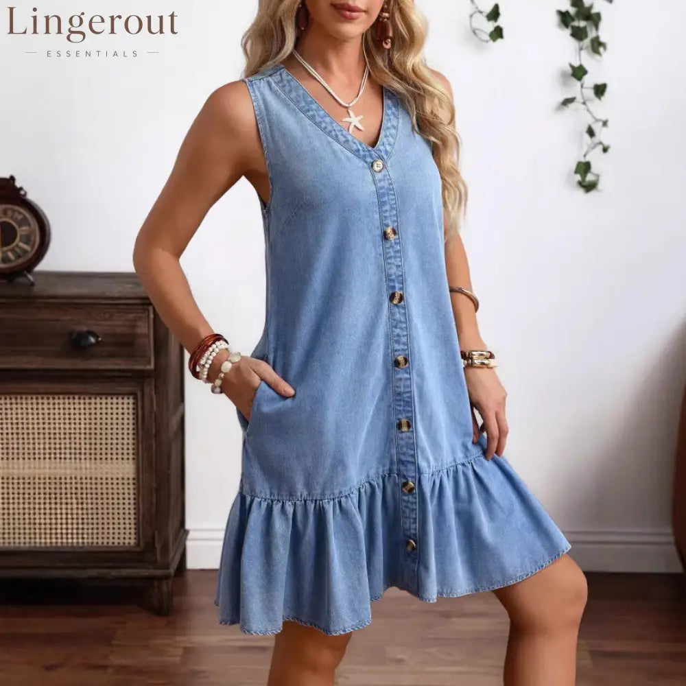 Women’S Popular Casual Sleeveless Denim Dress