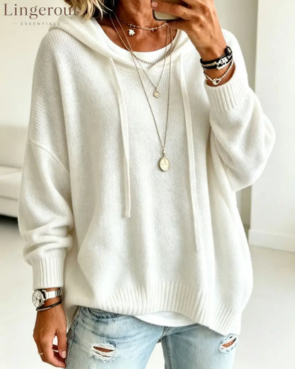 Women’s Pullover Sweater Jumper Vacation Daily Stylish Hooded Knitted 3/4 Length Sleeve Long Tops Knit - White / S