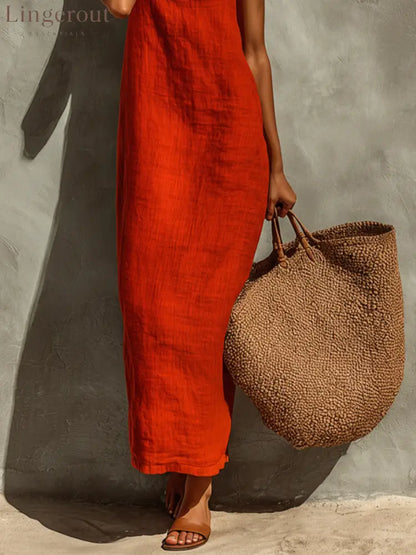 Women’s Red Cotton Dress With Spaghetti Straps & Square Neck Timeless Boho-Resort Style Dress