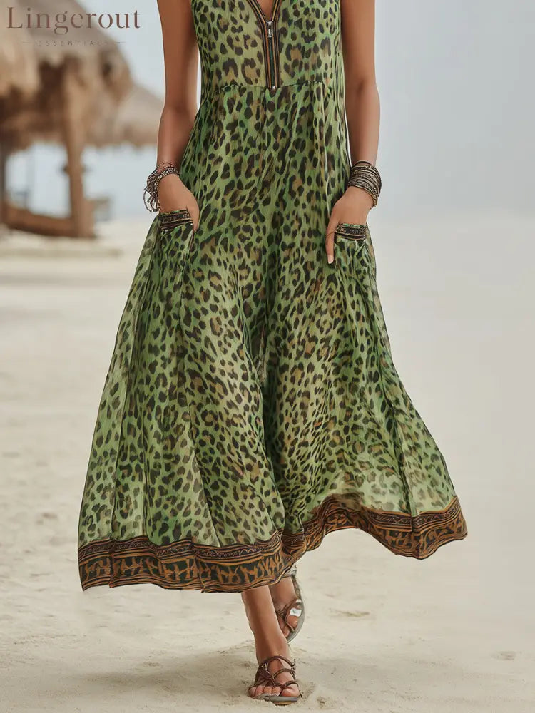 Women’s Retro Casual Green Leopard Print Art Hooded Midi Dress