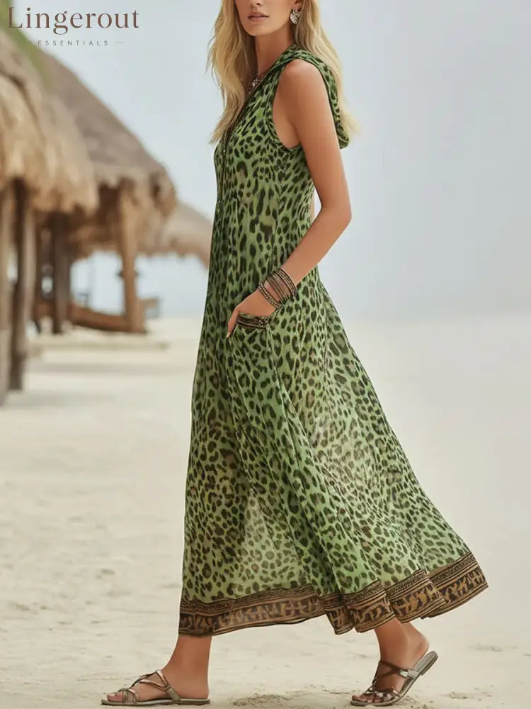 Women’s Retro Casual Green Leopard Print Art Hooded Midi Dress