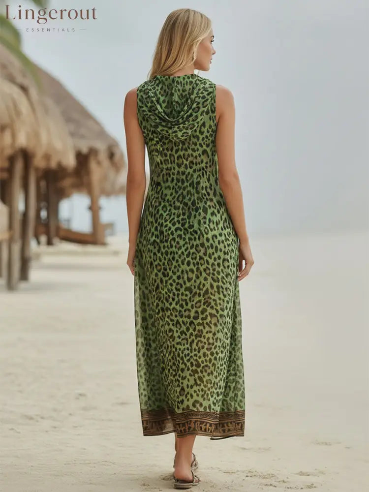 Women’s Retro Casual Green Leopard Print Art Hooded Midi Dress