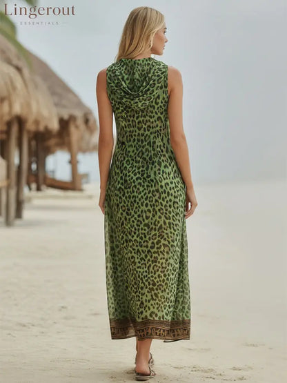 Women’s Retro Casual Green Leopard Print Art Hooded Midi Dress
