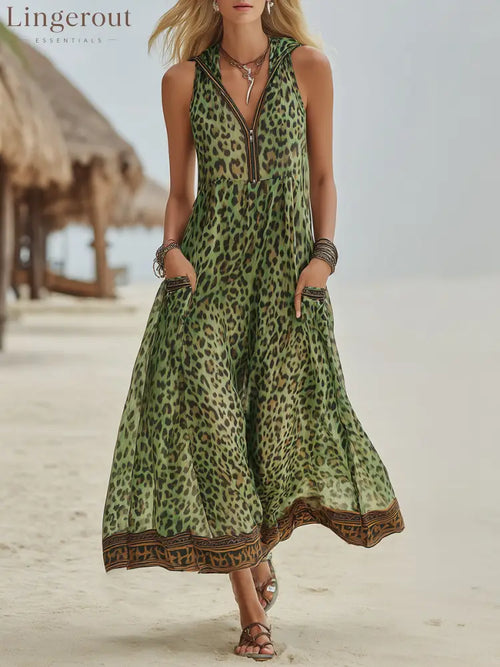 Women’s Retro Casual Green Leopard Print Art Hooded Midi Dress - Green / S