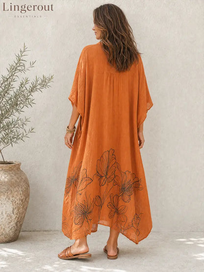 Women’s Retro Casual Lazy Style Cotton Linen Floral Print Batwing Sleeve Henley Collar Maxi Dress - Dress