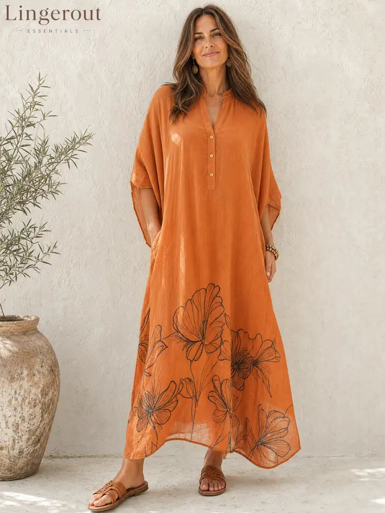 Women’s Retro Casual Lazy Style Cotton Linen Floral Print Batwing Sleeve Henley Collar Maxi Dress - Dress