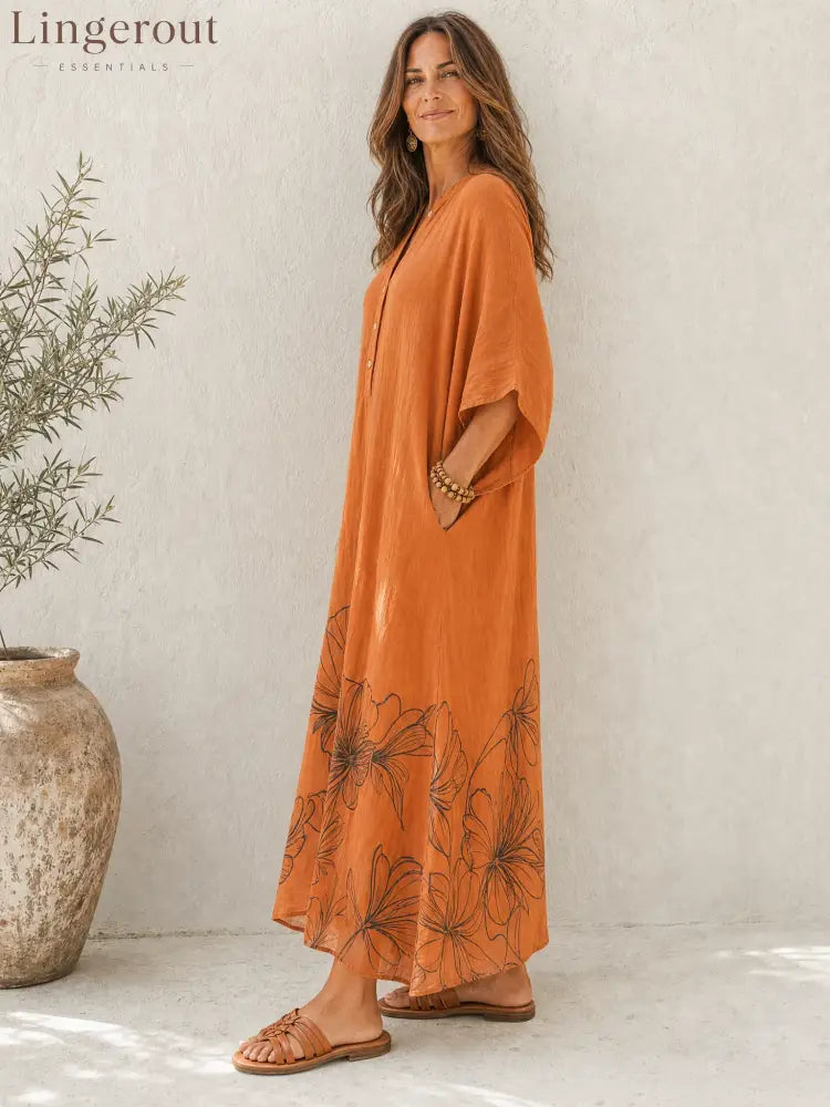 Women’s Retro Casual Lazy Style Cotton Linen Floral Print Batwing Sleeve Henley Collar Maxi Dress - Dress