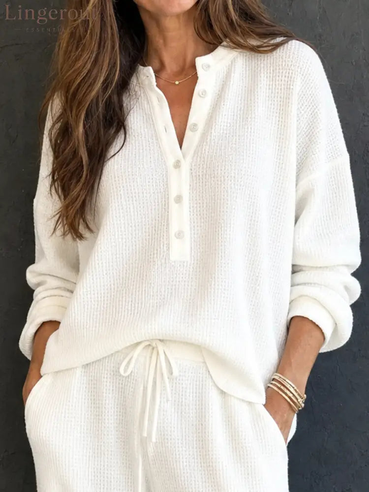 Women’s Retro Casual Lazy Style Solid Color Waffle Henley Top And Pants Set - Set