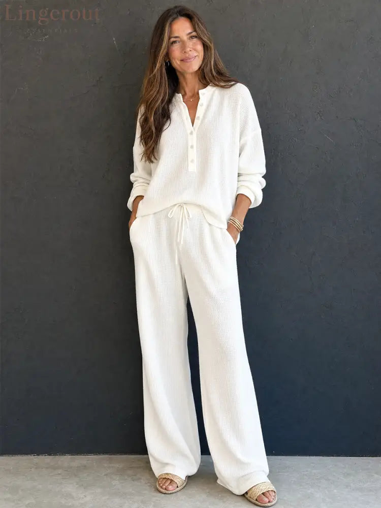 Women’s Retro Casual Lazy Style Solid Color Waffle Henley Top And Pants Set - Set