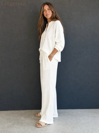 Women’s Retro Casual Lazy Style Solid Color Waffle Henley Top And Pants Set - Set
