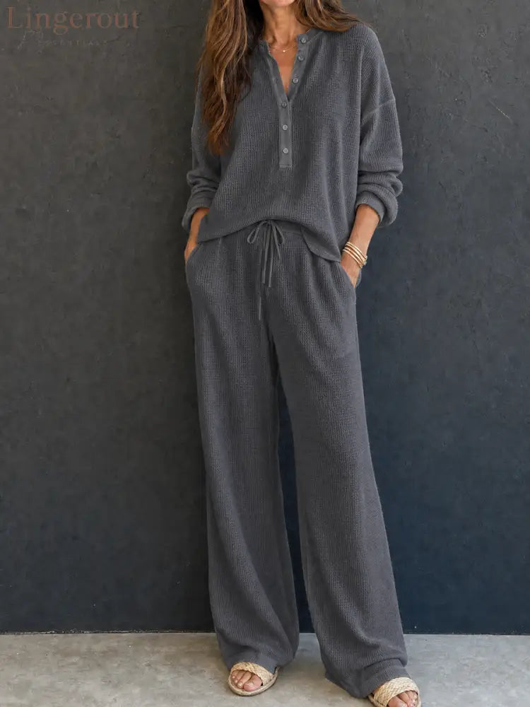 Women’s Retro Casual Lazy Style Solid Color Waffle Henley Top And Pants Set - Grey / XS - Set