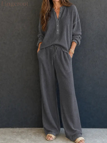 Women’s Retro Casual Lazy Style Solid Color Waffle Henley Top And Pants Set - Grey / XS - Set