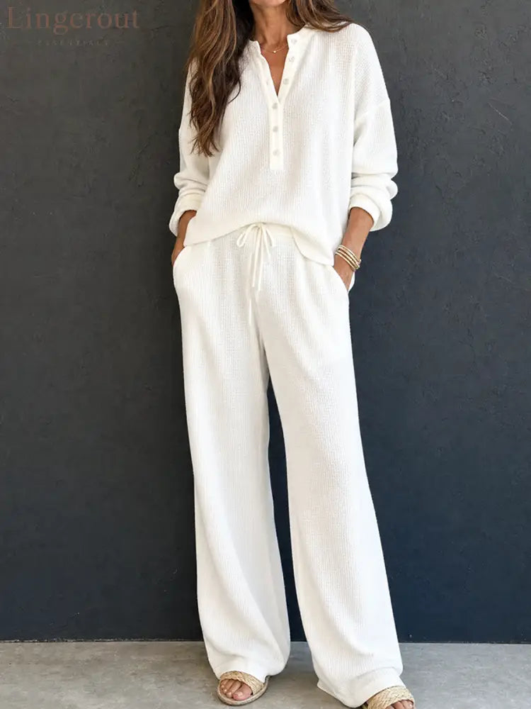 Women’s Retro Casual Lazy Style Solid Color Waffle Henley Top And Pants Set - White / XS - Set