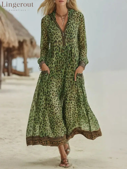 Women’s Retro Casual Leopard Print Art Hooded Midi Dress - Green / S