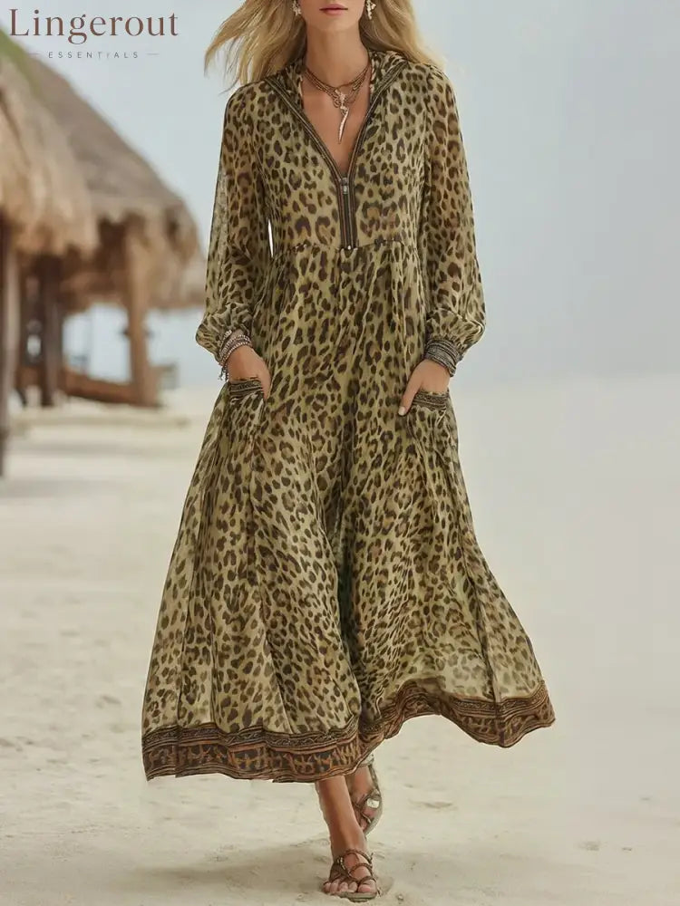 Women’s Retro Casual Leopard Print Art Hooded Midi Dress - Khaki / S