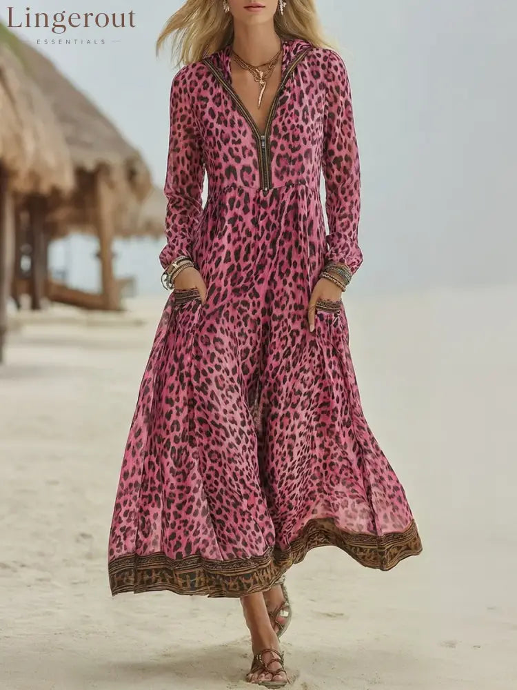 Women’s Retro Casual Leopard Print Art Hooded Midi Dress - Pink / S